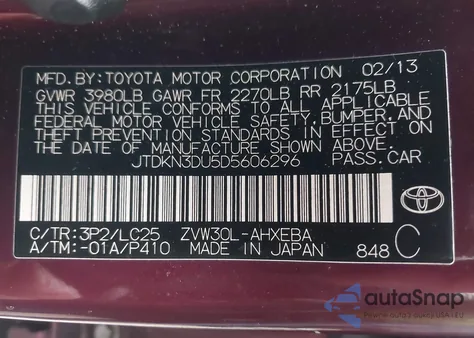 2013 Toyota Prius Three Se z USA, uszkodzony, nr VIN JTDKN3DU5D5606296